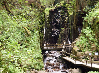 [Along the right edge and slightly overhanging water with lots of rocks is a boardwalk and steps. A wooden bridge then crosses to the left where a narrower boardwalk leads into the gorge.]